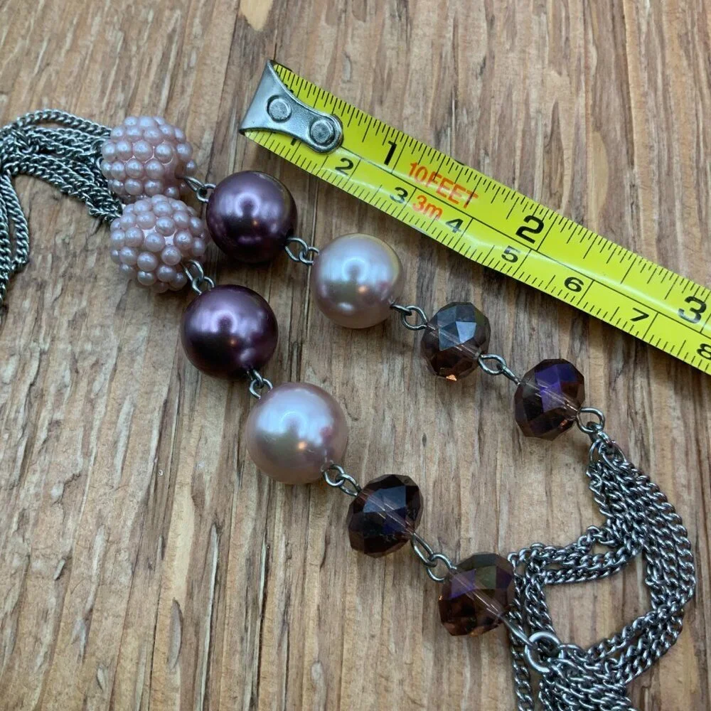 RMN (AVON) Lilac Purple Beads Multi Silver Tone Chain Stands Necklace